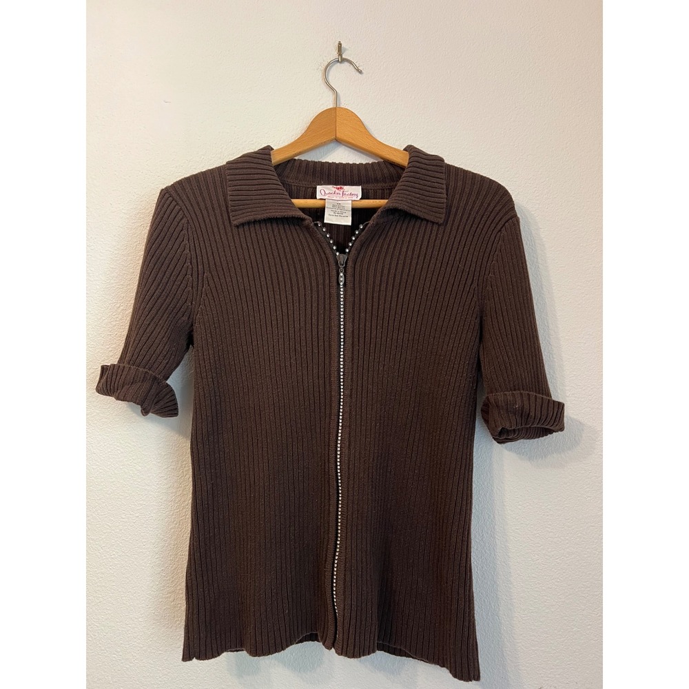 Quacker‎ Factory Brown Knit Rhinestone Zip Up Short Sleeve Cardigan Top